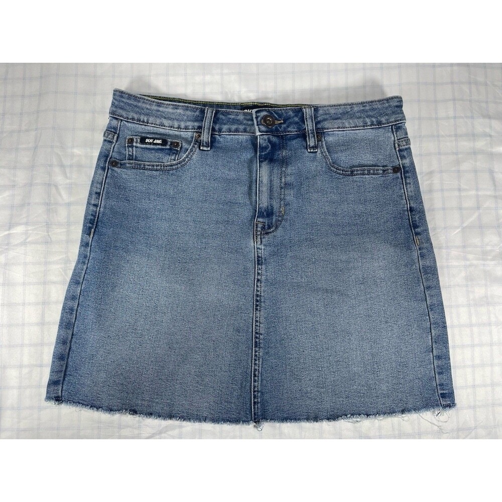 DKNY Jeans Denim Mini Skirt Women's Size 8 Blue Raw Hem Medium Wash Stretch